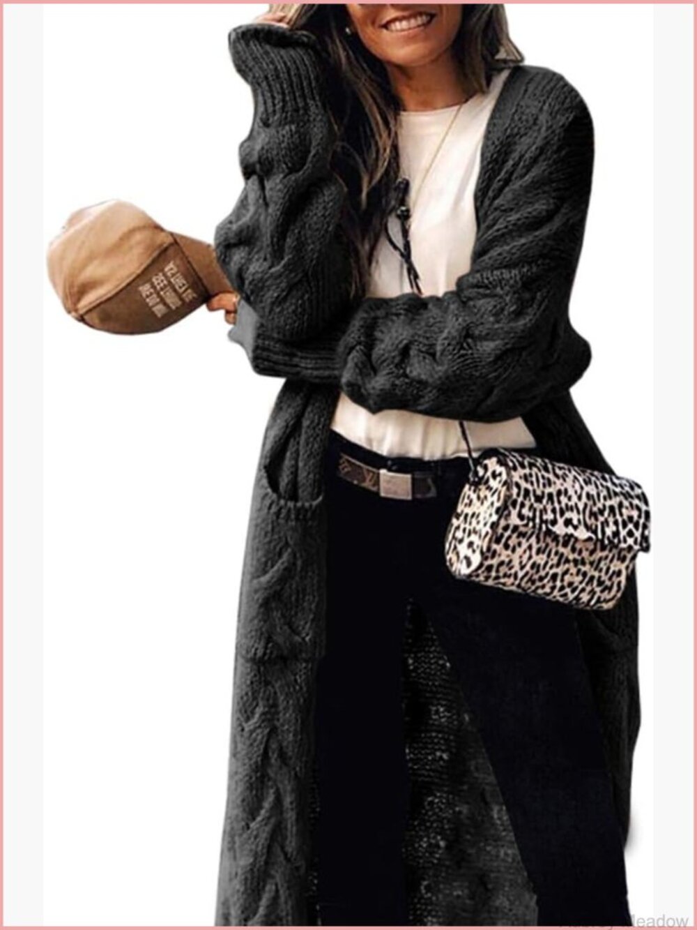 Long Cable Knit Cardigan Coat Open Front Sweater with Pockets